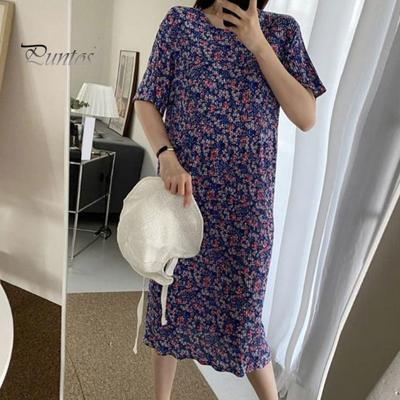 Summer Women Dress Small Flower Print Crew Neck Loose Short Sleeves Pleated Mid-calf Length Pullover Dating Shopping Midi Dress