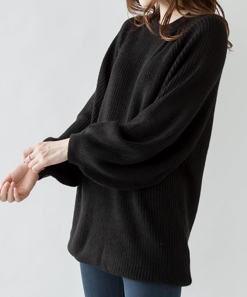 At One Balloon Sleeve Loose Voluminous Relaxed Crew Long Sizes ATN-0008 Knit, Women's, Oversized, Sleeves, Fit, Fall/Winter, Neck, Length, Black,
