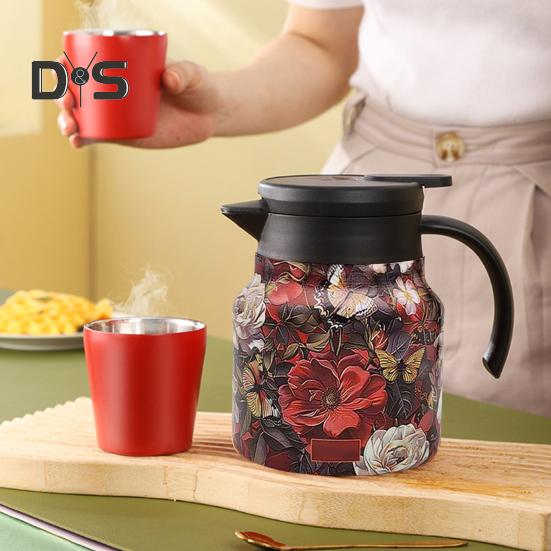 Termal Kahve Sürahisi Dahili Filtreli Yalıtımlı Çaydanlık V Şekilli Ağız Retro Çiçek Desenli Su Çaydanlığı İçecek Sürahisi