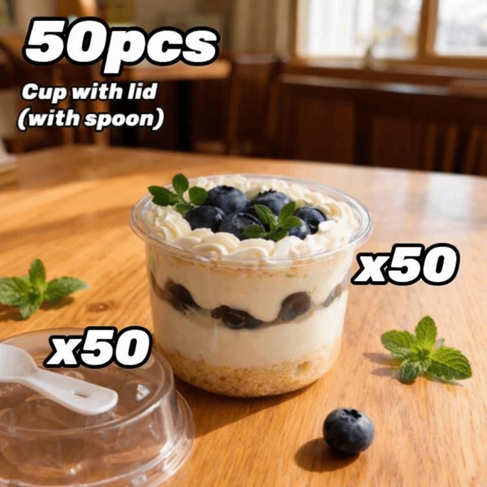 50Pcs Disposable Pudding Cups with Lids Spoons Round Yogurt Cups Transparent Party Cups