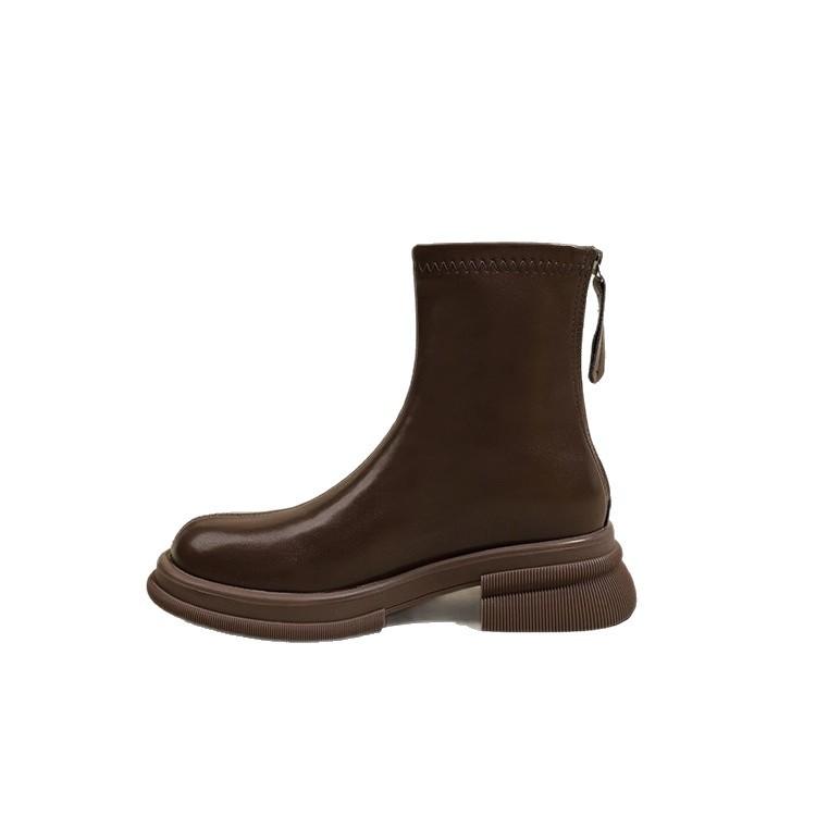 Soft leather thick-soled heightening short boots women's new elastic thin boots in autumn and winter 2025 regular thick-heeled Martin boots