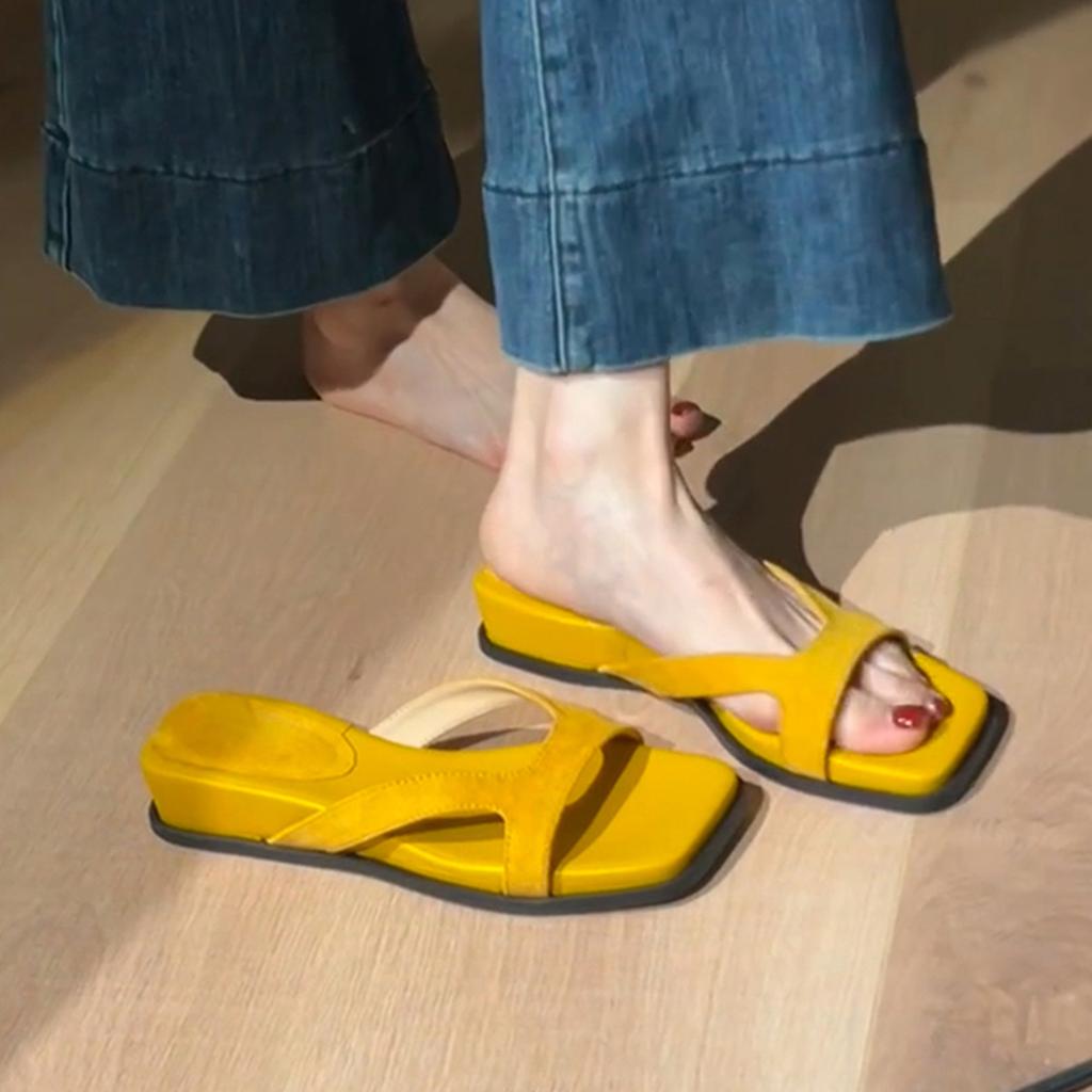 Keep Version~ Korean Version of Simple Outer Wear Thick-soled One-word Slippers Women's Retro Leather Soft-soled Open-toed Simple Cool Slippers