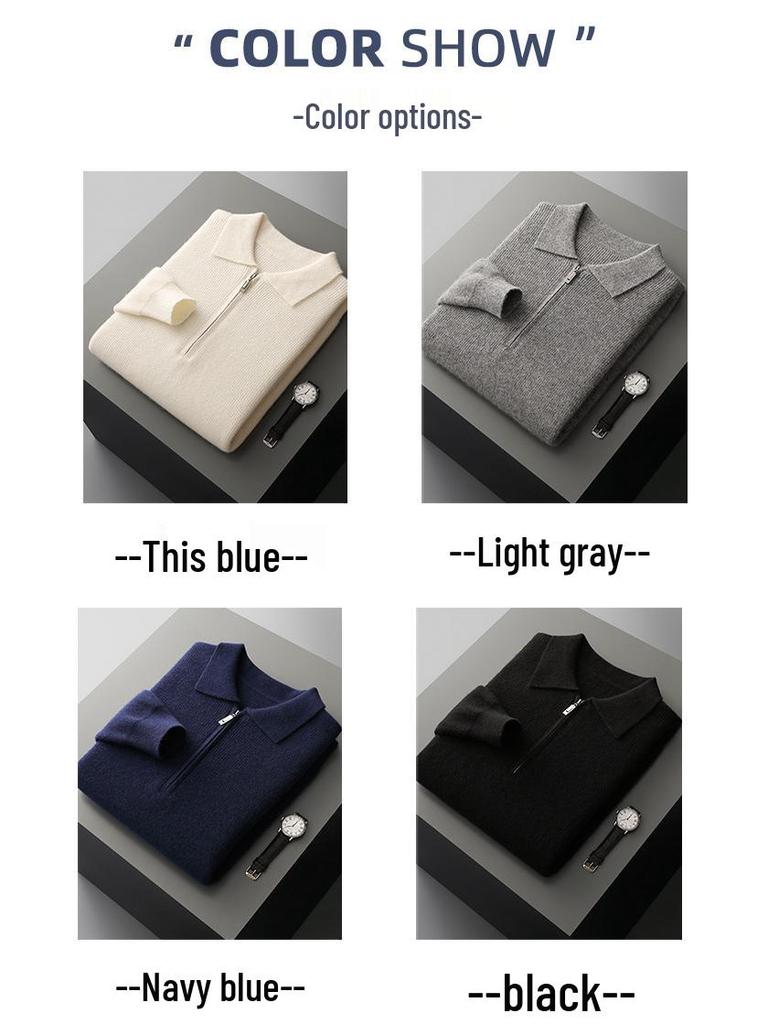 Men's Business Casual Pure Wool Half-Zip Polo Sweater - Autumn/Winter Loose Knit Pullover
