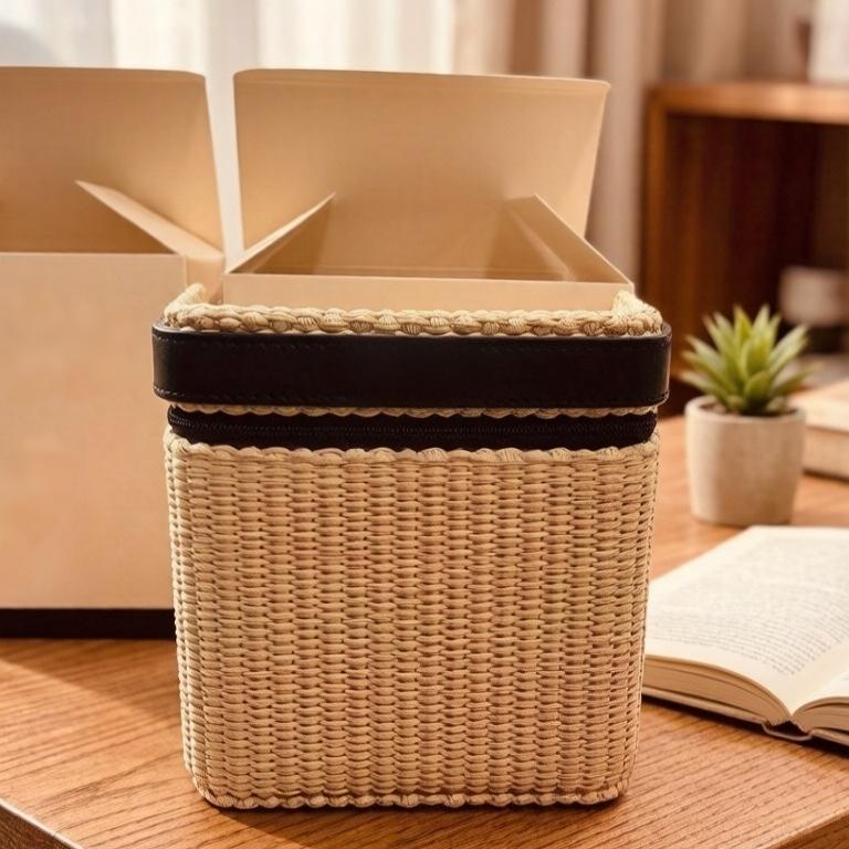 New Summer Raffia Woven Cosmetic Bag with Leather Trim Luxury Designer Style Straw Makeup Organizer Case for Women Travel Beach