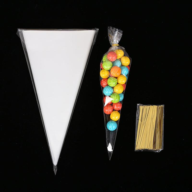 100Pcs Clear Cone Candy Storage Bags Cones Transprant Plastic Bag Popcorn Candy Bags For Baby Shower Wedding Party Bags Supplies