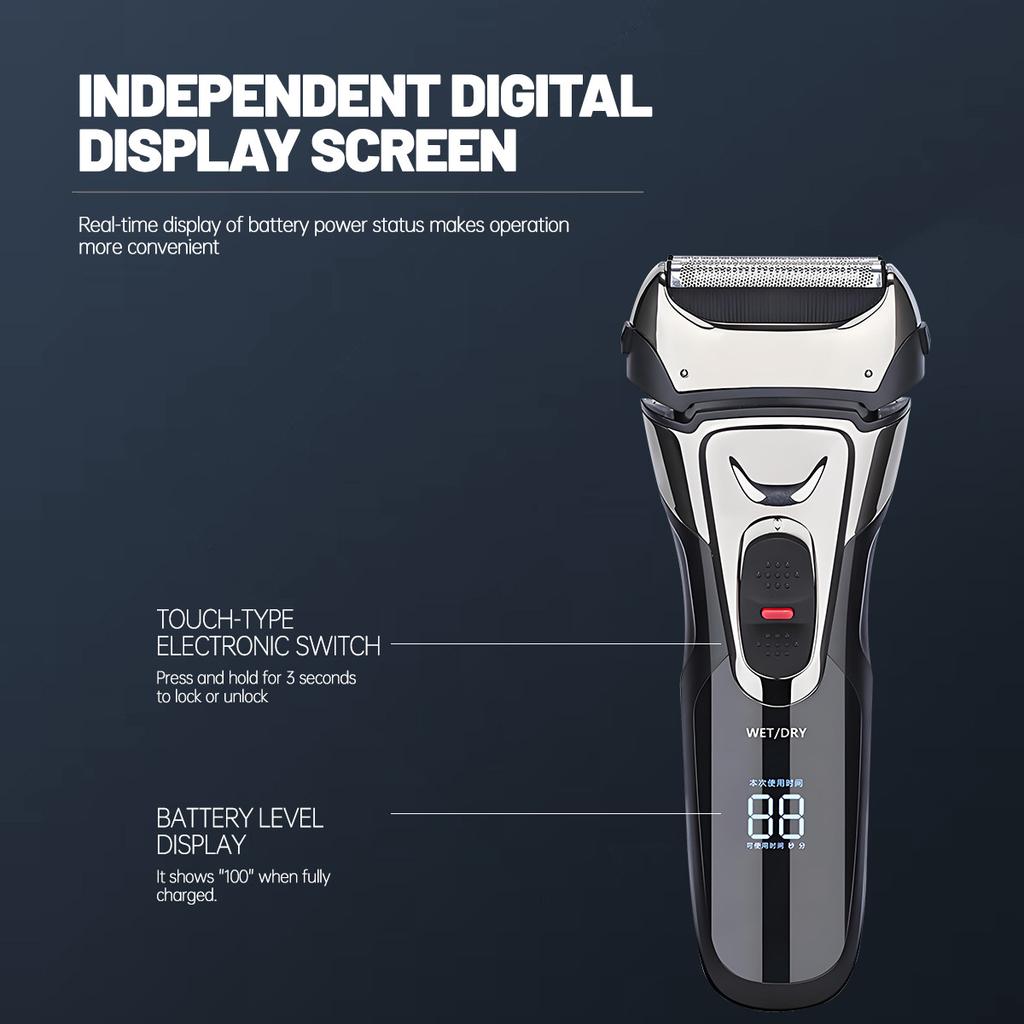 New Digital Display Rechargeable Electric Shaver for Men, USB Charging, Built-in Trimmer, Wet Dry Use, Washable Foil Shaver