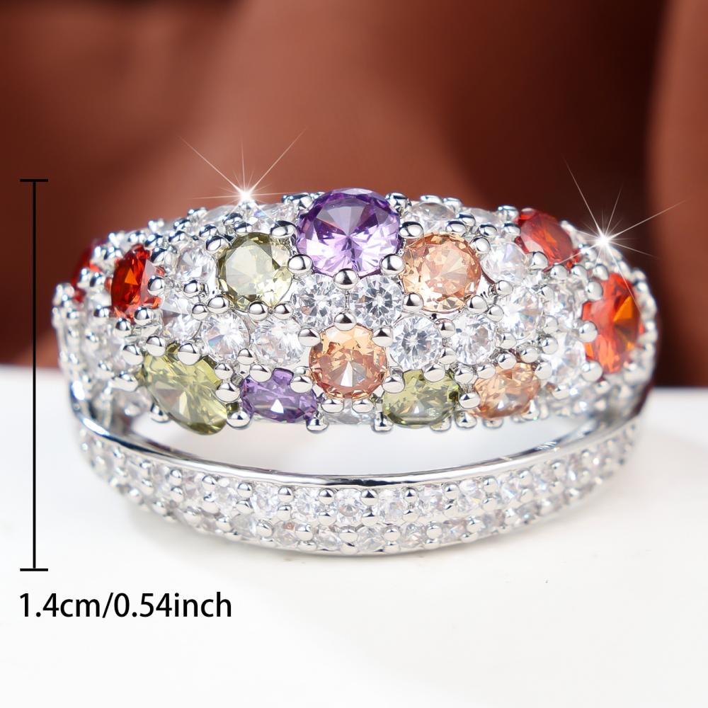 Luxury Silver Color Ring for Women Multi Color Round Zircon Paved Evening Party Banquet Fashion Jewelry Gift