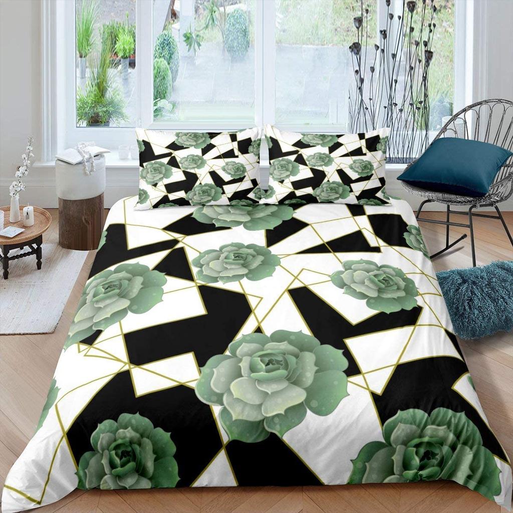 Succulents Bedding Set, Exotic Flower Duvet Cover Twin Size For Kids Boys Girls, Branches Leaf Floral Polyester Comforter Cover