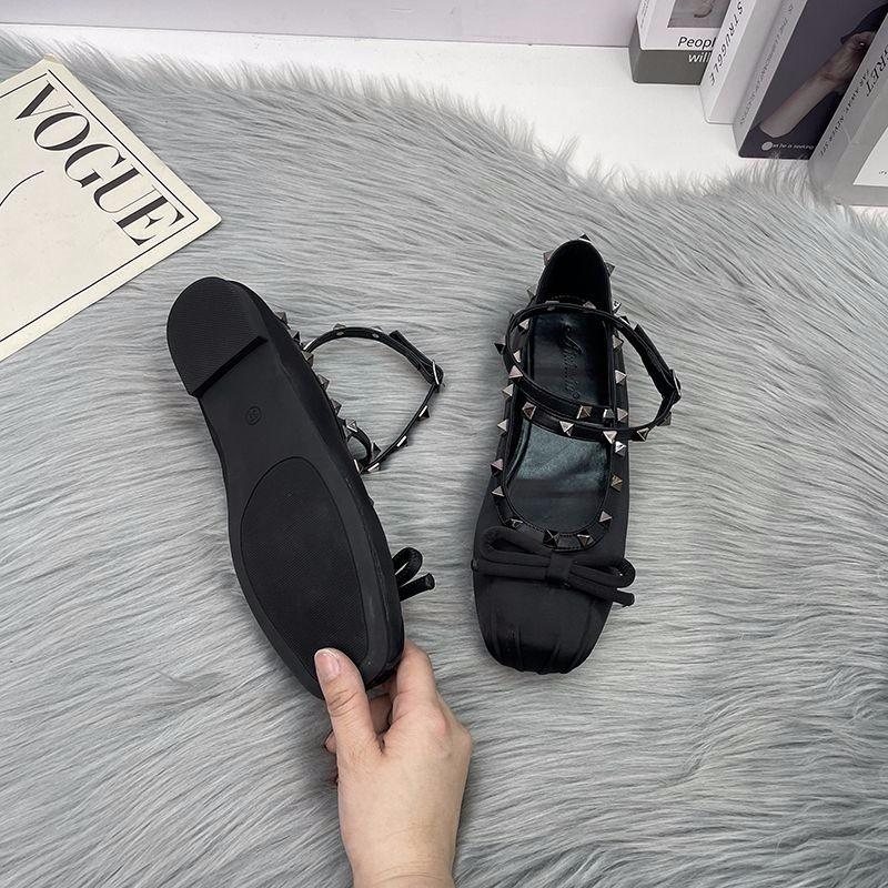 Fashion Spring Fashion Flat Satin Round Head Shallow Mouth Butterfly Knot Rivet Line with Soft Sole Non-slip Wear Shoes