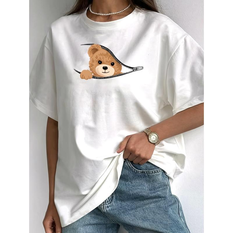 

European Size Women s Short-Sleeve T-Shirt with Cute Zipper Bear Peek-Through - Hidden Face Print, Casual Round Neck Tee, - Gift for Pet Lovers 4XL