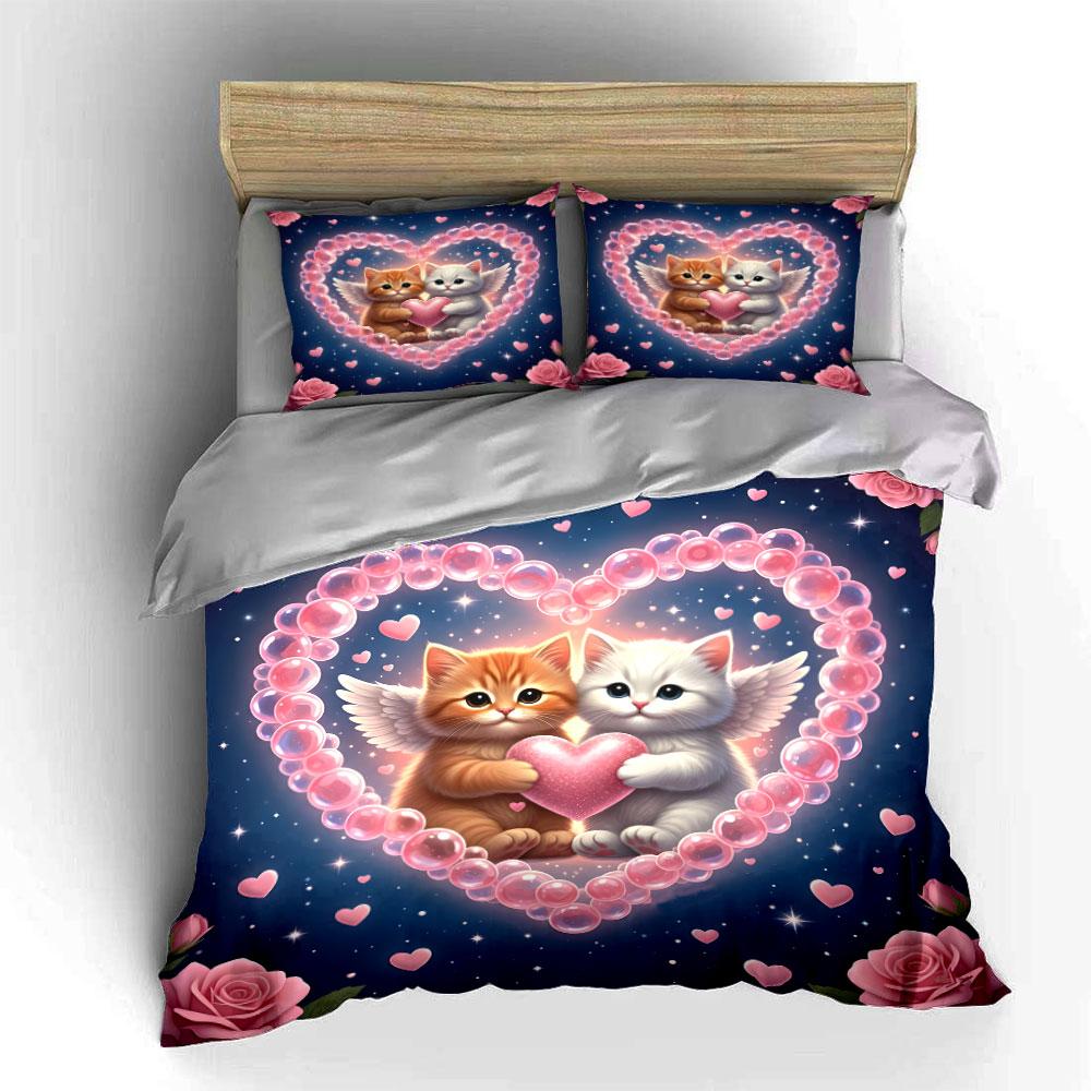 "Angel Cats Heart Bedding Set" Bedding Duvet Cover Set Duvet Cover Pillowcases (1 * Duvet Cover 2 * Pillowcases, Without Duvet Insert)