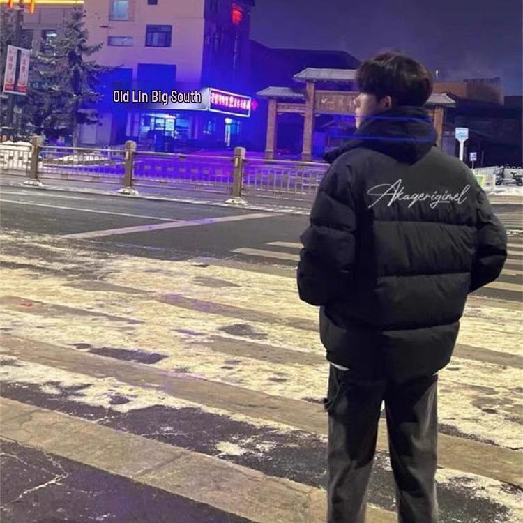 Unisex American Print Cotton Puffer Jacket, Black Stand Collar, Winter-Ready, Thick, Casual Coat