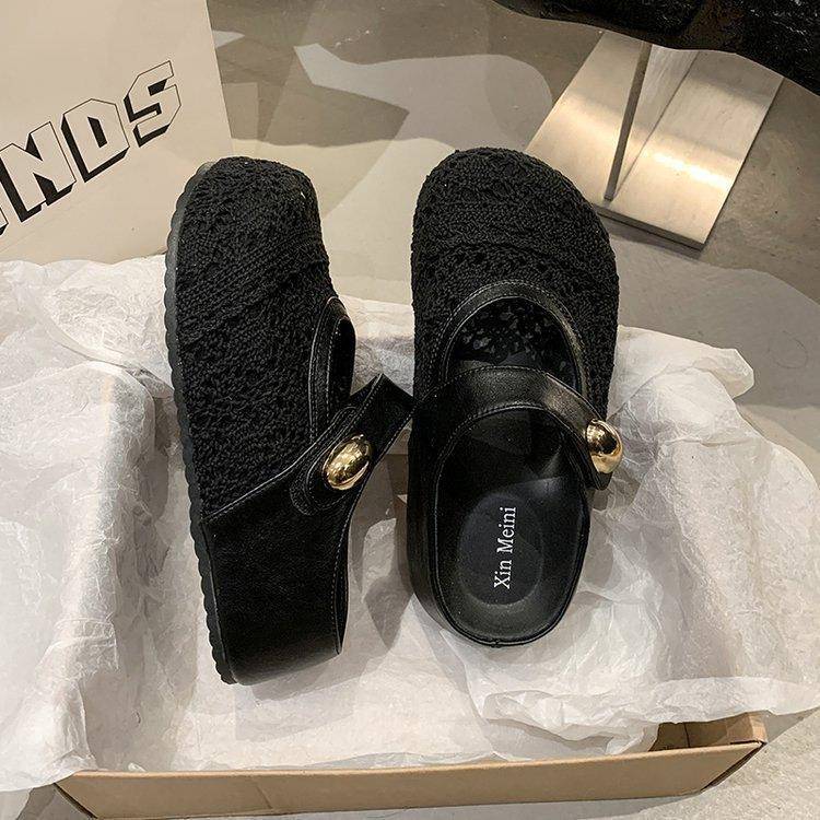 Thick-bottomed bag head hollow inner height increase half slippers women wear new summer breathable mesh surface one pedal sandals