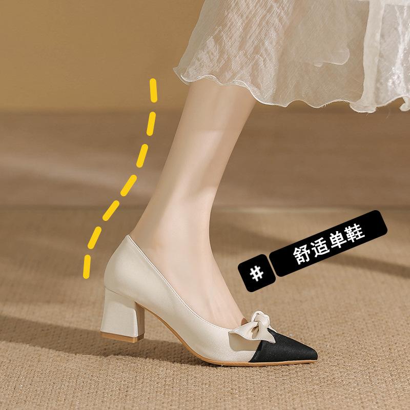 Gentle shoes pointed head shallow mouth thick heel single shoes women bow temperament versatile high heels women