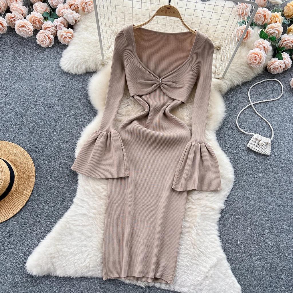 Sexy Bodycon V Neck Flare Pletené šaty s dlouhým rukávem Elegantní Elegantní Vestidos Podzimní Ženy Módní Hip zavinovací šaty
