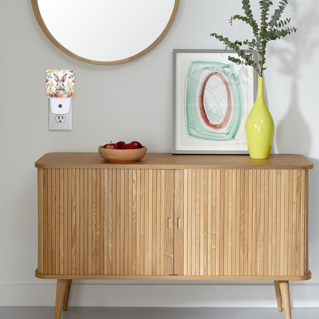 Easter Eggs Bunny Leaves Plug in Night Lights,Watercolor Cute Rabbit Night Light Plug into Wall with Dusk to Dawn Sensor Decor for Women Men