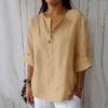 Damen V-Ausschnitt Dreiviertelarm Pullover Bluse Baumwolle Leinen Lockere Passform Lässiges Oberteil für den Sommer Ohne Farbangabe
