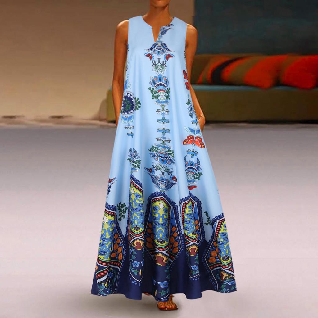 Women Plus Size Print Daily Casual Sleeveless Vintage Bohemian V Neck Maxi Dress