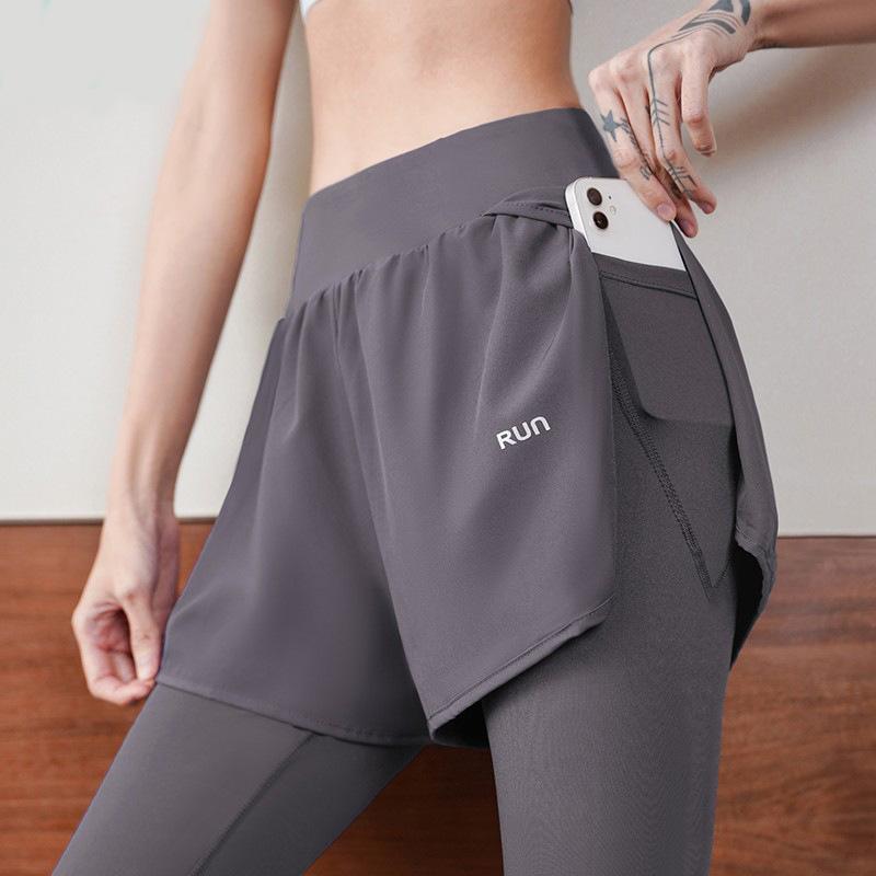 Fake Two-piece Fitness Pants Women's High-waisted Elastic Tight Running Pants Skirt Quick-drying Sweatpants Autumn Yoga Trousers Look Thin