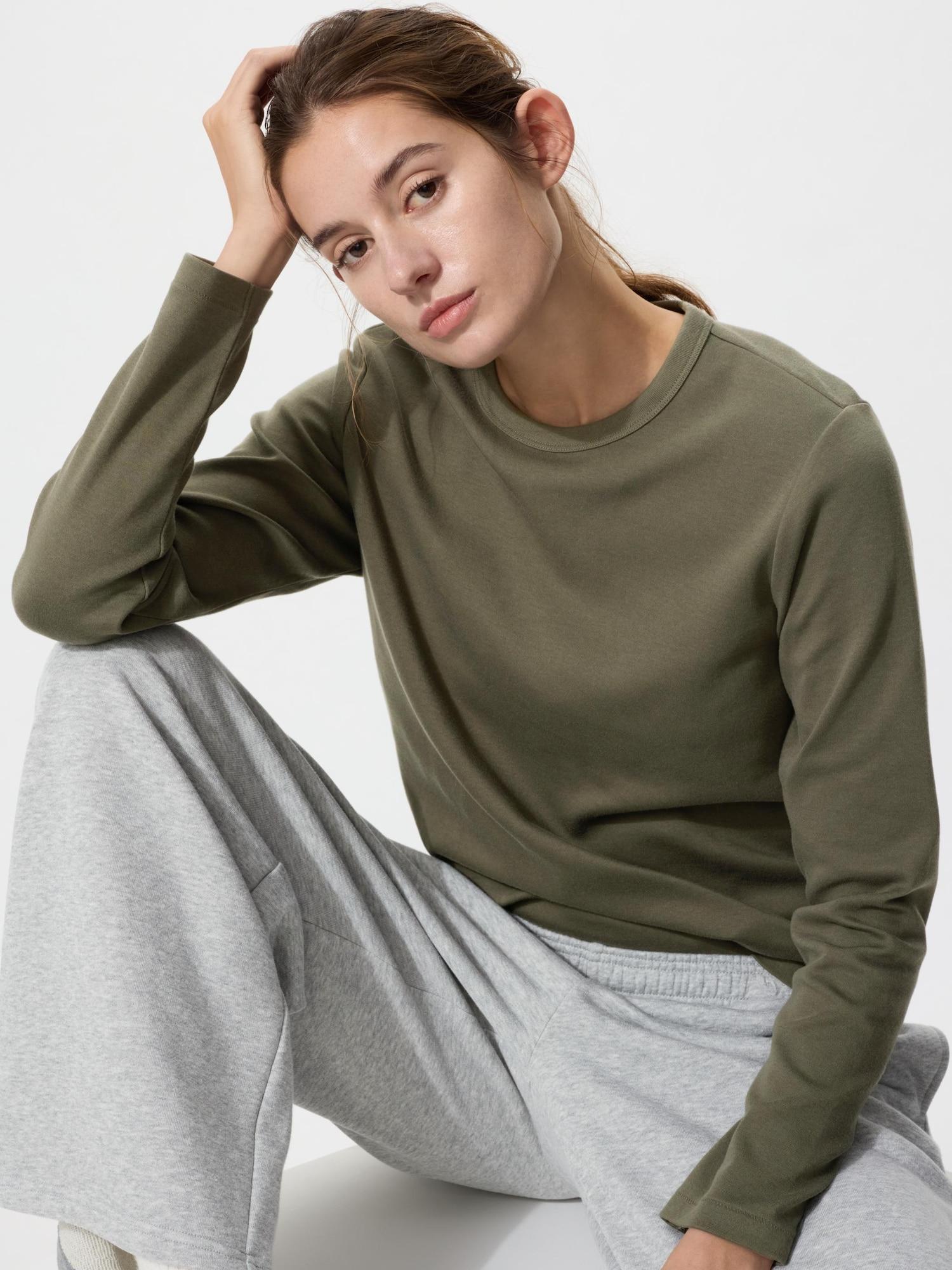 

Uniqlo Хлопковая футболка с круглым вырезом и длинным рукавом SmooTh STreTch 58 DARK GREEN/M