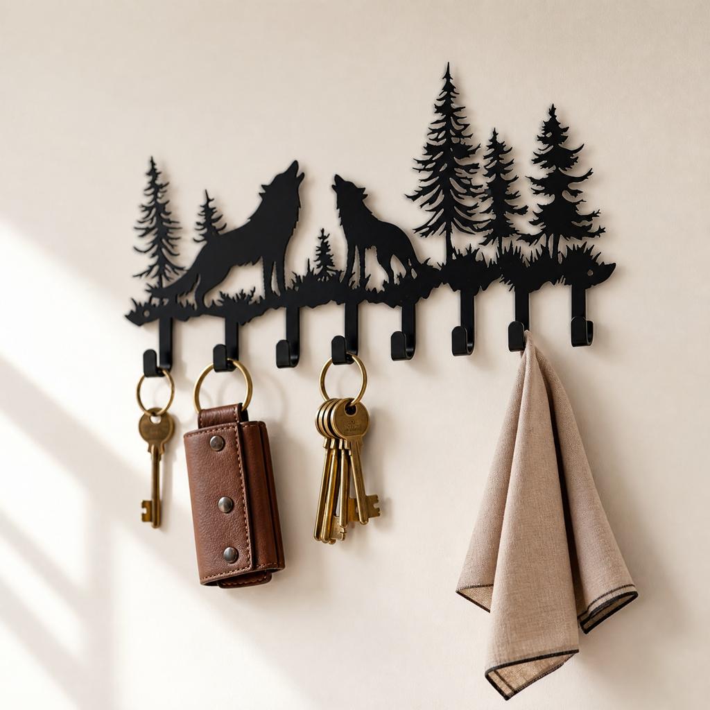 Metal Wall Mount Key Holder Rack with Wolf and Tree Design Over Door Towel Hook Rack Creative Storage Organizer with Multiple Hooks