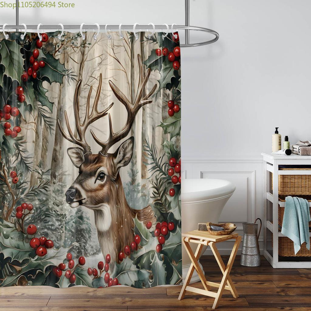 1pc Christmas Reindeer Print Waterproof Shower Partition Privacy Hanging Curtain with 12 Hooks, Multiple Sizes, Machine Washab