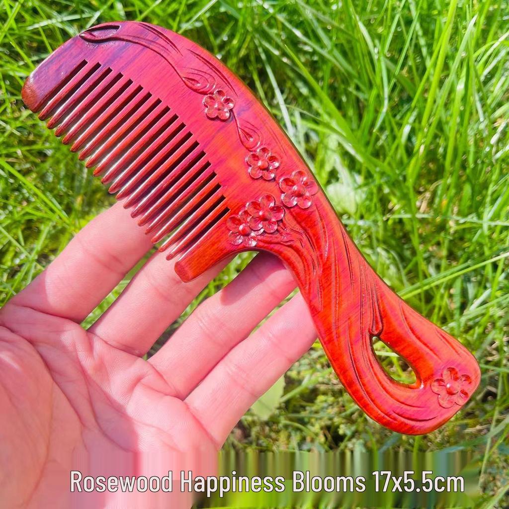 Engraved Green Sandalwood Comb - Black Gold Carved Design, Gift Box Included