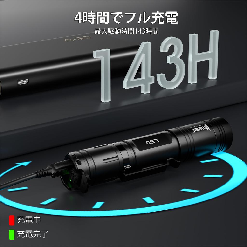 WUBEN L50 Powerful 1200 Lumen Tactical 6 Dimming IP68 Up to 143 Hours of LED Compact and Ideal for Power and Evacuations Flashlight, Rechargeable,