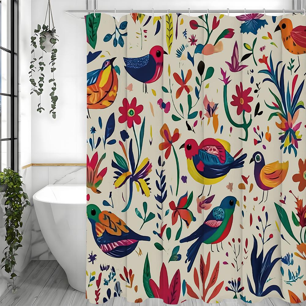 Cartoon Colorful Flower Bird Shower Curtain, Bathroom Decorative Shower Curtain, Waterproof Shower Curtain with Hooks