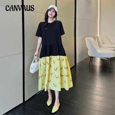 Letnia sukienka damska luźna plus size z blokami kolorów i krótkim rękawem