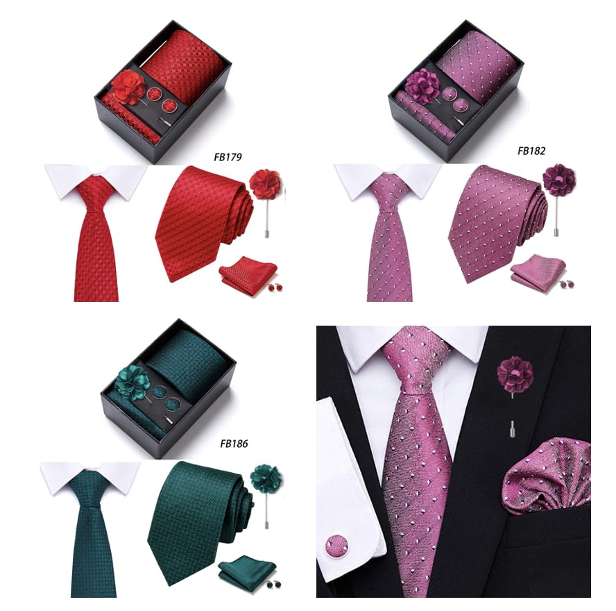 [MaRowsm] Men's Formal Tie, Handkerchief, Cufflinks, Tie Pin, Handkerchief Set (Purple Gloss)
