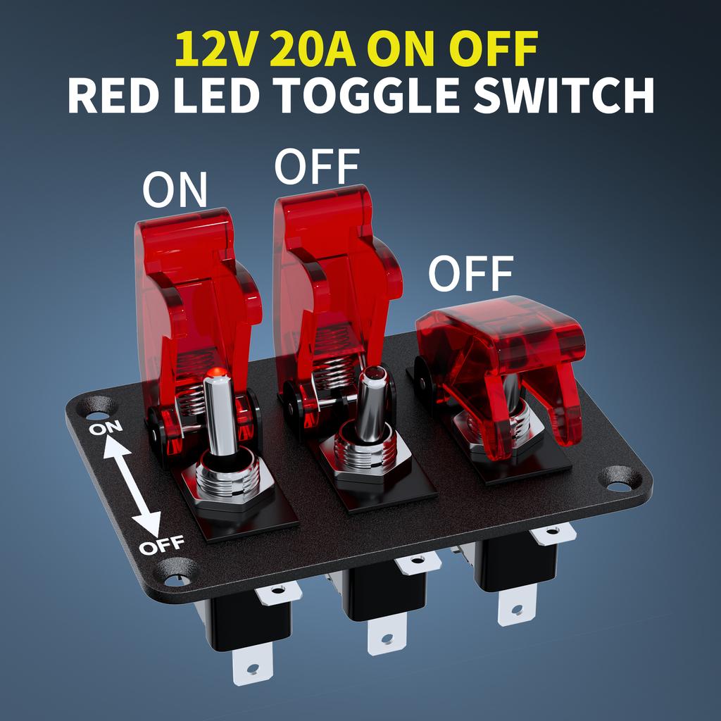 DaierTek 3 Gang Toggle Switch 12V Racing Rocker Switch Panel with LED Light and Flip Cover ON/Off Switch Plate 3 Pin SPST