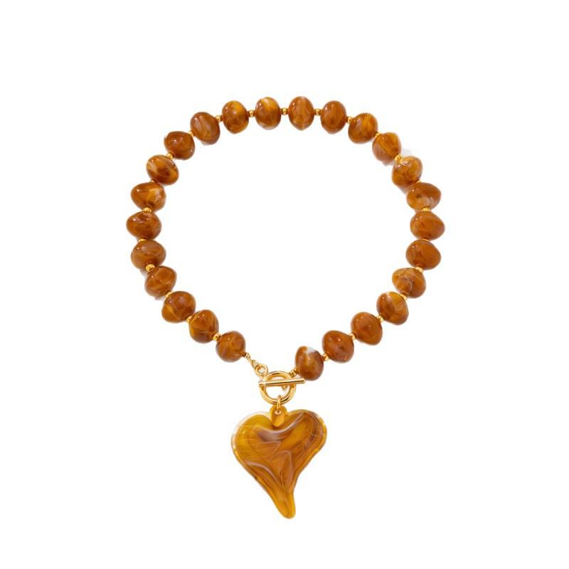 European and American retro amber ins big love pendant necklace, simple and exaggerated Maillard smudged round bead necklace