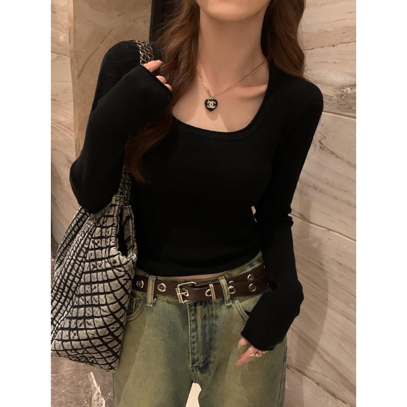 Premium Solid Color Curled Square Neck Knitted Top Women's Autumn and Winter Temperament Thin Bottoming Shirt Slim Short Sweater