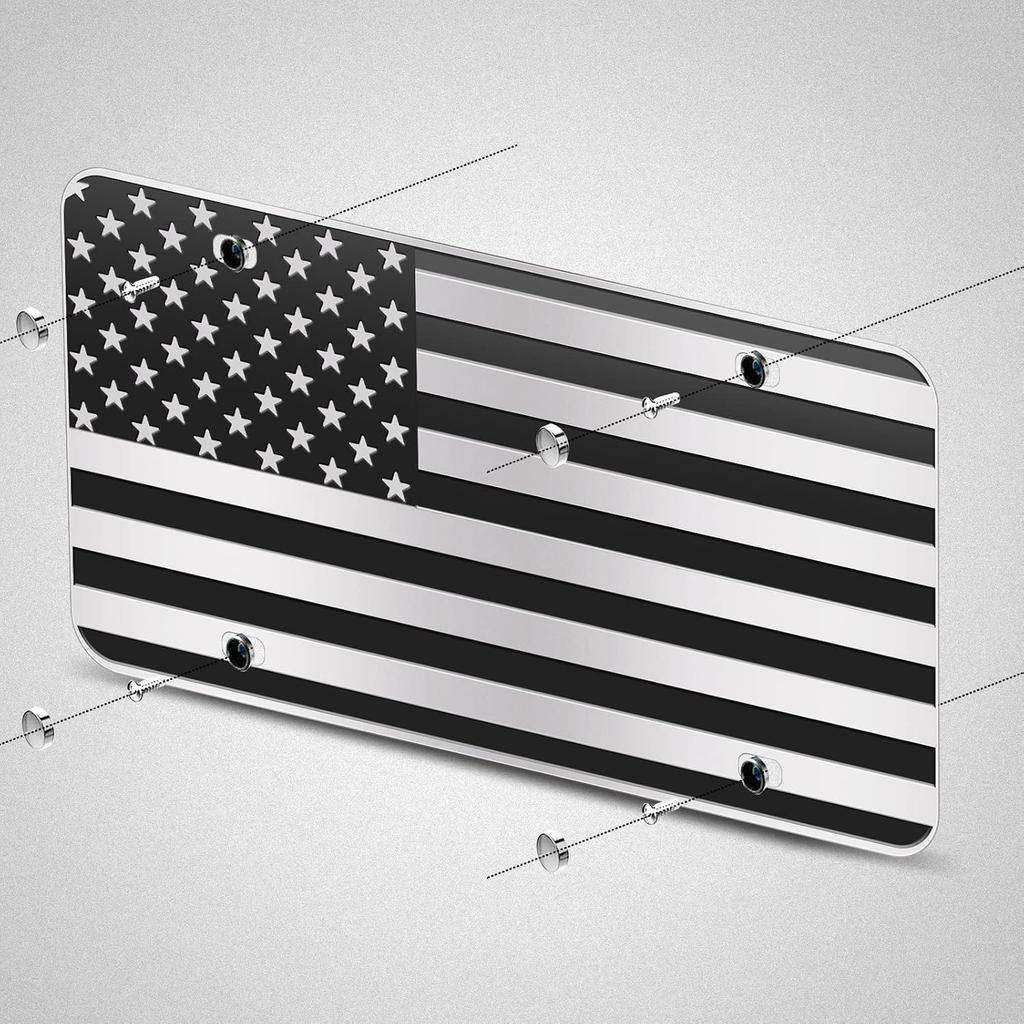 American Flag License Plate, Black Decoration Front Flag License Plates With 4 Holes, Aluminum Metal 3D Embossed US License Plate With Screws Caps, 6