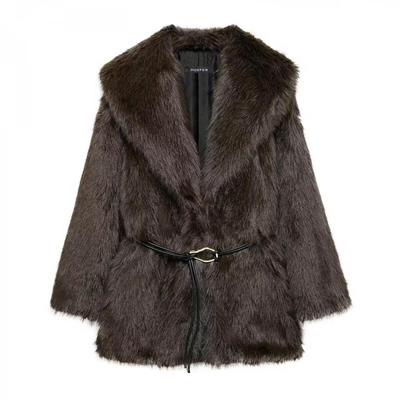 European & American Eco-Friendly Faux Fur Mid-Length Women's Coat with Lapel & Belt - Winter 2025 Collection