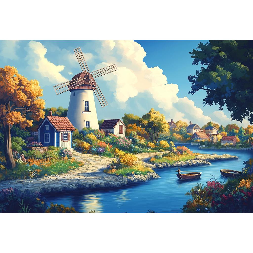 MISITU Jigsaw Puzzle Micro Piece 1000 Piece Puzzle Landscape Painting Windmill River Town Present Gift Birthday Anniversary Celebration Christmas