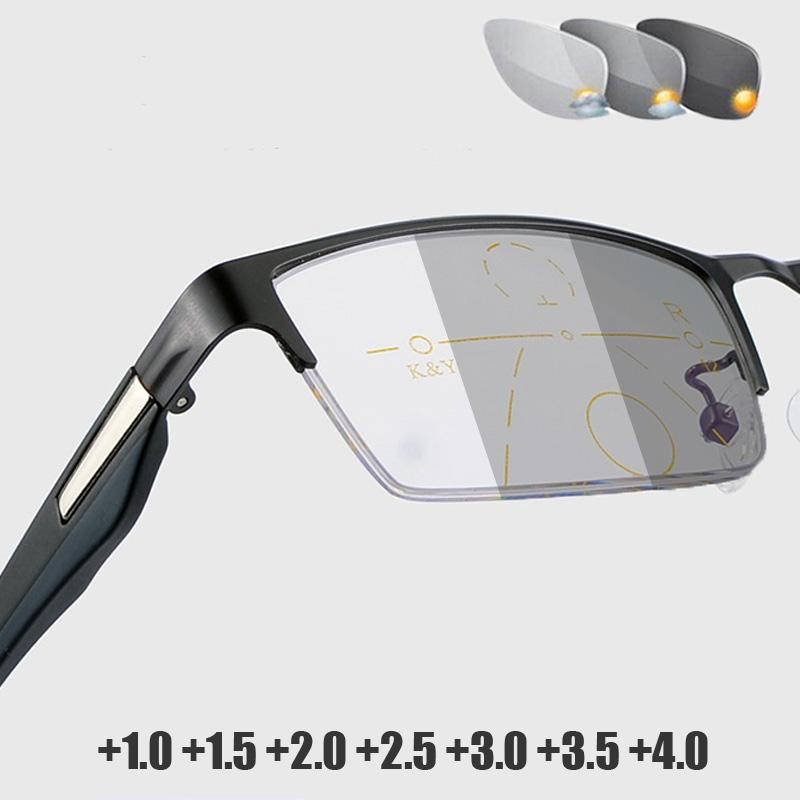 Half Frame Men Business Reading Glasses Pochromic Progressive Multifocal Far Sight Glasses Anti-blue Light Presbyopia Glasses