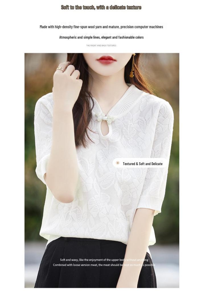 Spring/Summer Wool Knit Qipao Collar Mid-Sleeve Jacquard Top