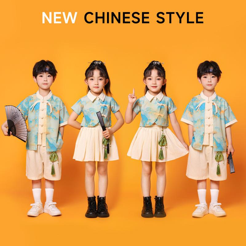 Children, Performance Clothes, Kindergarten Dance Costumes, Landscape Painting, Short-Sleeved Girls' Pleated Skirts