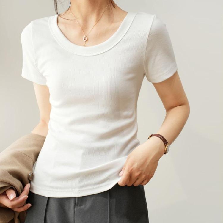 Summer Women Casual U Neck Short Sleeve High Elastic Fine Thread Cotton T Shirt Gas Shirt New Bottoming Top