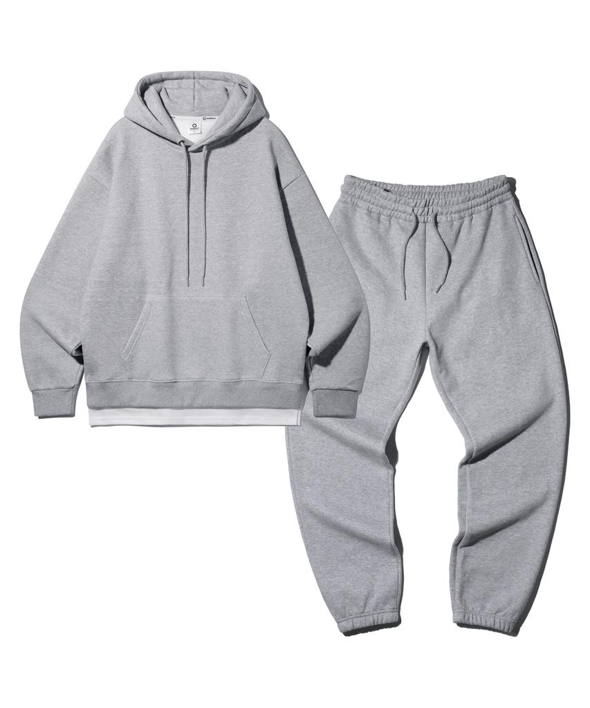 [Set] Layered Oversized Fleece-Lined Hoodie And Plain Jogger Training Pants Set