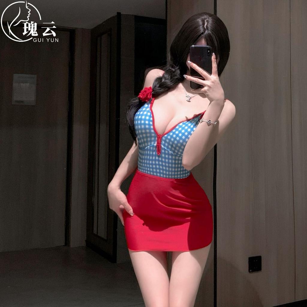 Sex underwear sexy pure desire temptation one-piece plaid swimsuit two-piece set Internet celebrity style uniform set