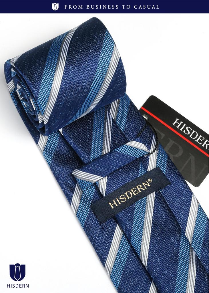 [HISDERN] Blue Men's Formal Business Tie and Pocket Square Set, Striped Pattern, Perfect for Weddings, Job Interviews, Entrance Ceremonies,