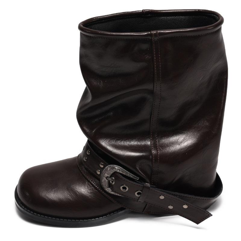 Versatile boots Western women's belt buckle cowboy boots European and American style short boots women's fashion summer rivets stacked retro