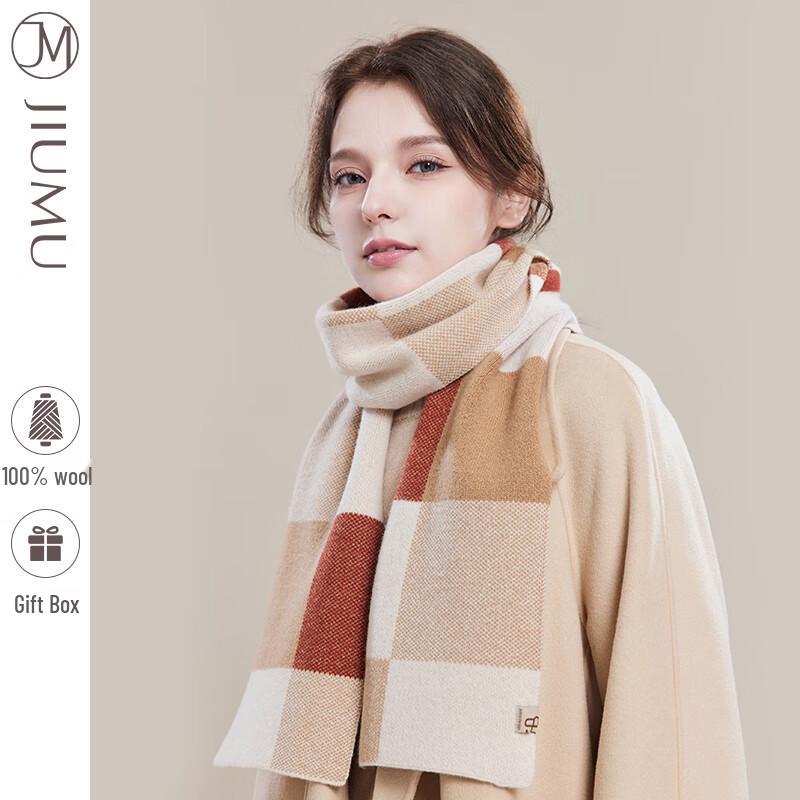 JIUMU Women's Pure Wool Plaid Winter Scarf WY134