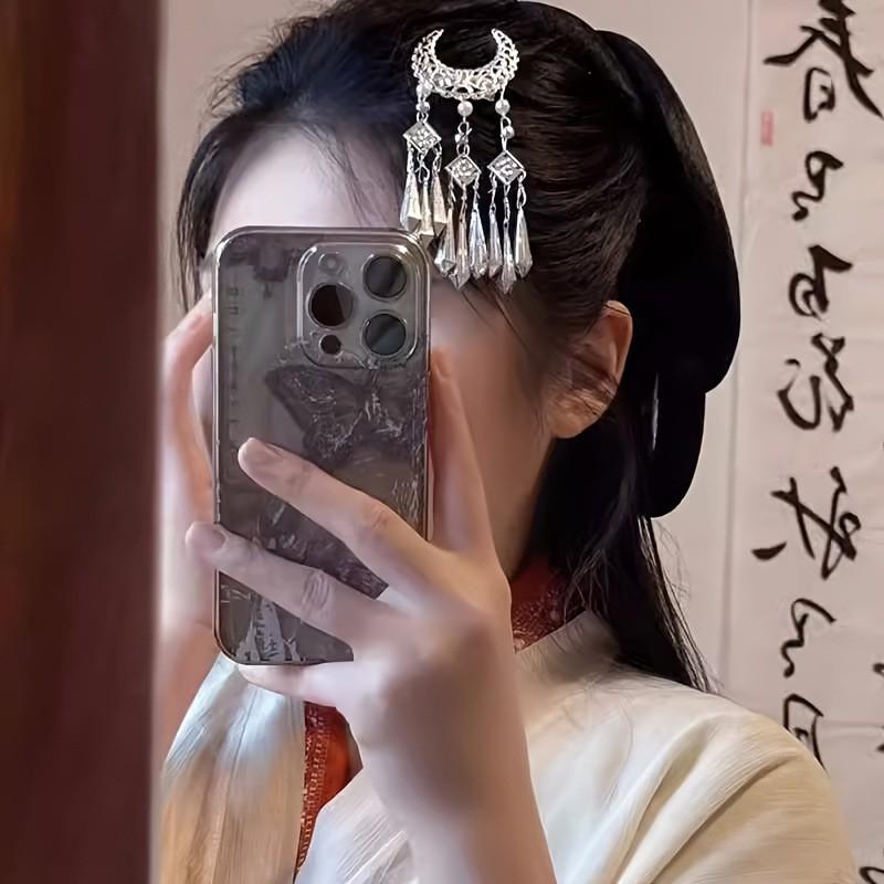 Ethnic Style Tassel Hair Clip Women Alloy Duckbill Hairpin With Rhinestone Plated Chinese Hanfu Accessory