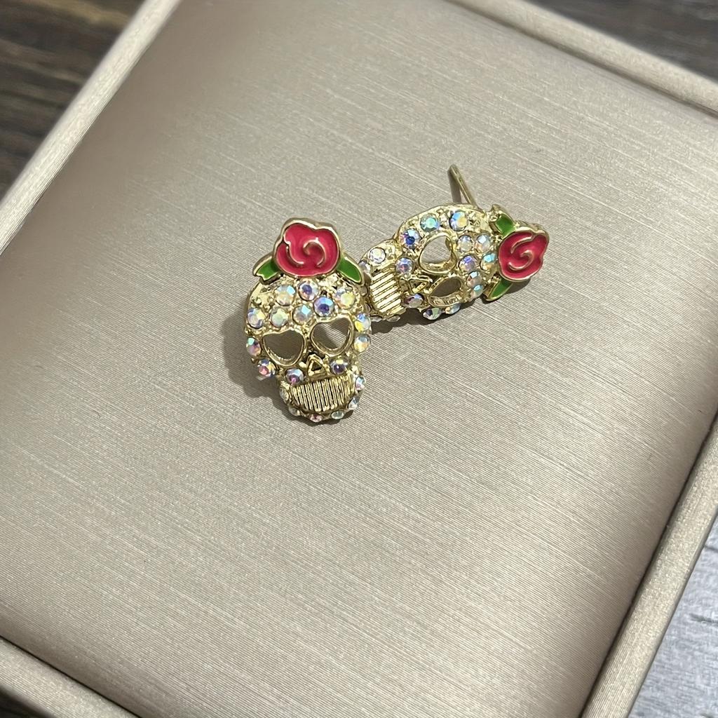 Halloween  Skull Earrings, Full Diamond Skull Head Punk Earrings