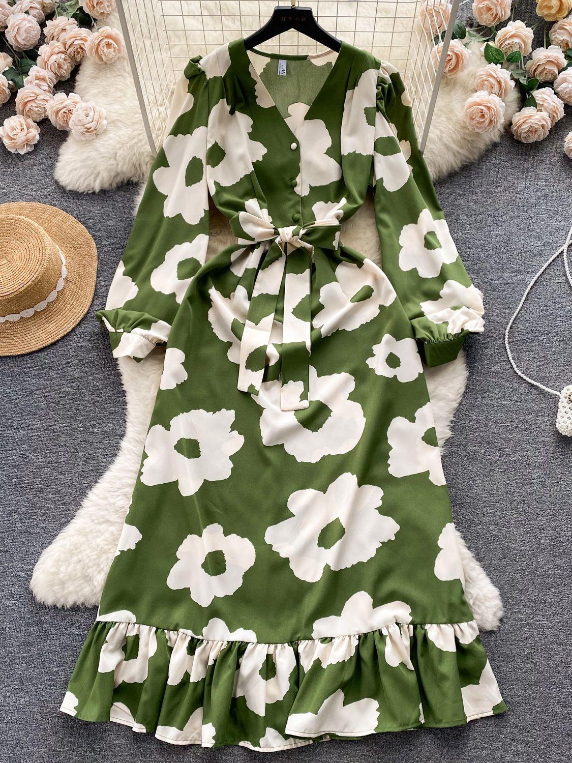 

Модное женское платье с цветочным принтом, осеннее элегантное винтажное Бандажное длинное платье макси с рюшами по подолу, вечерние платья One Size армия зеленый