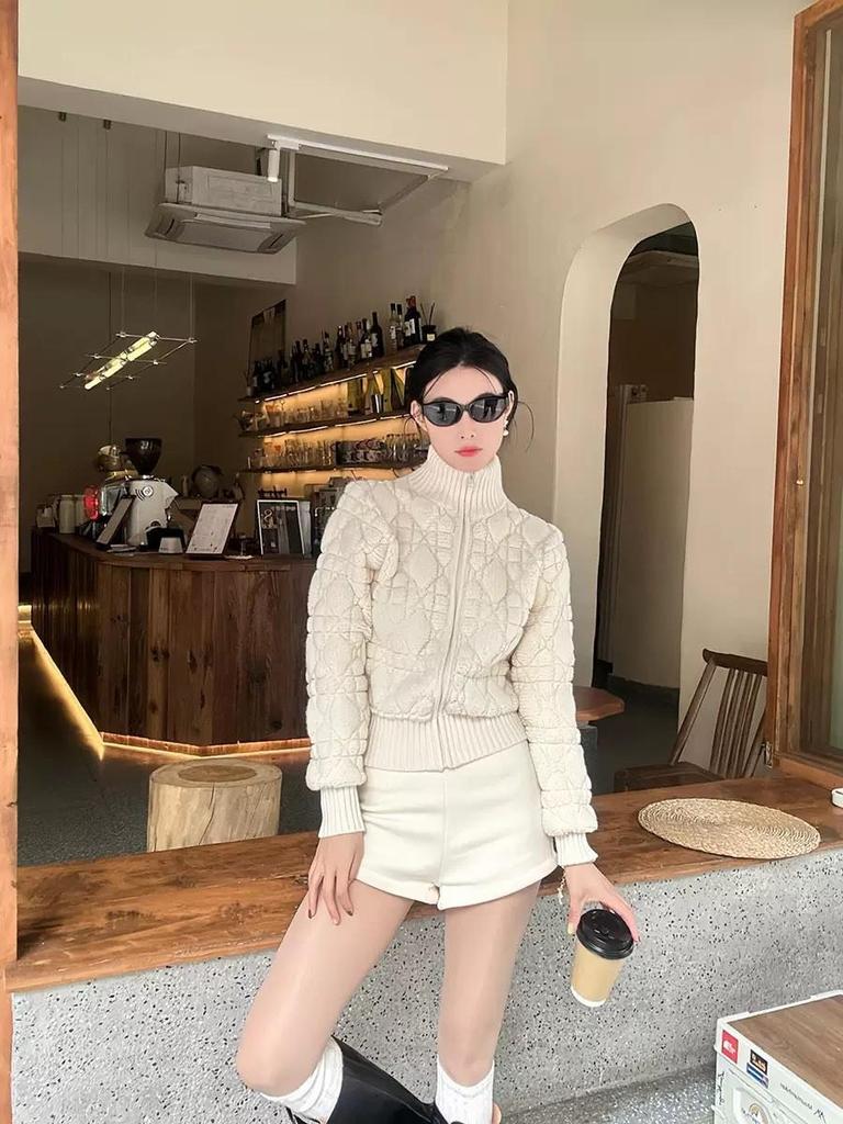 Haute Couture French D Cashmere Blend Diamond Pattern Zip-Up Cardigan Women's Knitwear